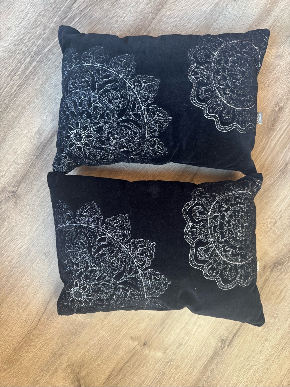 Black Decorative Pillow Pair with White Mandala Embroidery